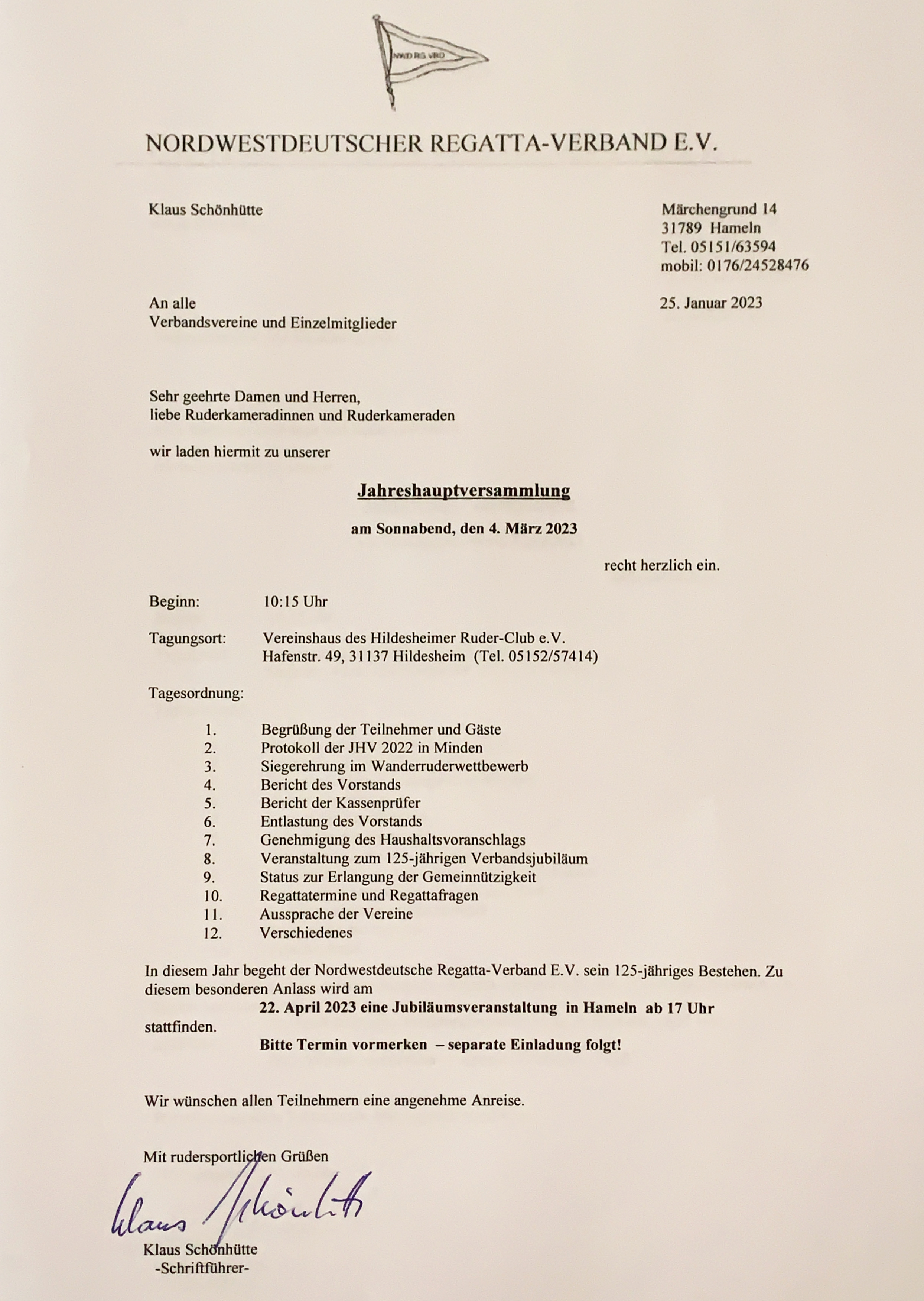 Einladung zur Jahreshauptversammlung am 4. März 2023 in Hildesheim 